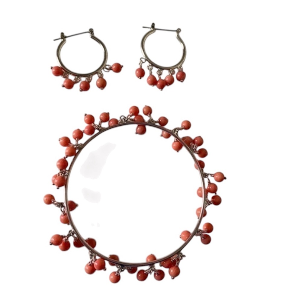 925 Sterling Silver Coral Beaded Tassel Bangle Bracelet Set NEW